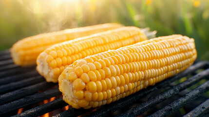 Golden corn on the cob sizzling on a grill, with a warm, sunlit background, capturing the essence of a fresh summer barbecue.