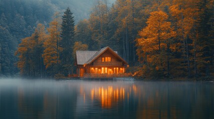 Poster - The wooden cabin glows warmly at dusk, surrounded by colorful autumn trees reflecting in the calm lake. A mist hovers gently, enhancing the peaceful atmosphere.