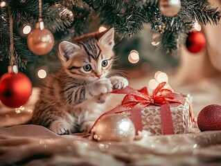 A playful kitten under a Christmas tree, pawing at a festive gift wrapped with a red ribbon, surrounded by ornaments and soft bokeh light