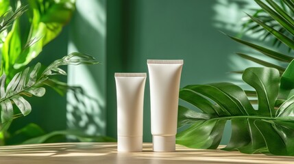 Two white cosmetic tubes on a wooden surface surrounded by green plants.