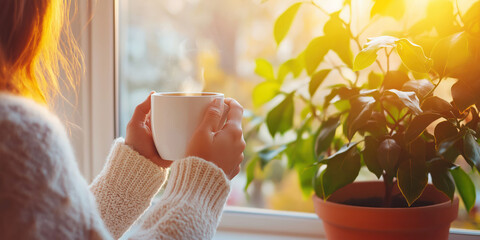 Cozy morning: woman holding warm coffee cup by sunny window with green plant