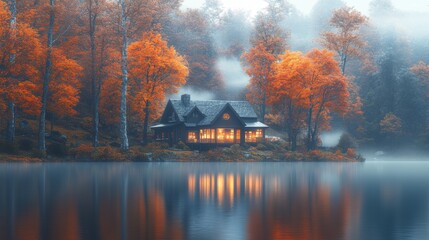 The tranquil cabin sits by a misty lake, framed by bright orange and yellow foliage. Early morning light highlights the peaceful landscape.