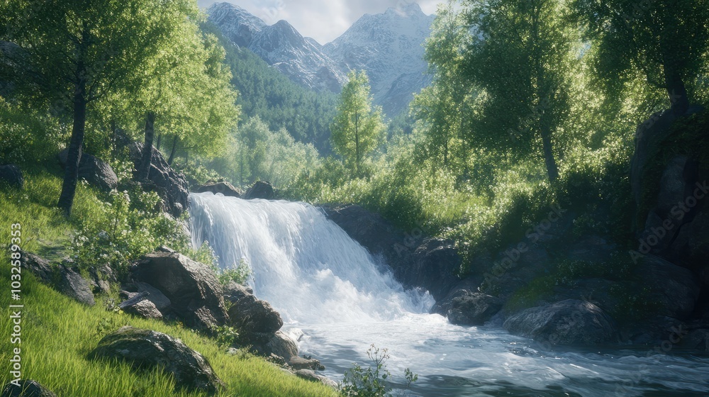 Mountain waterfall in a forest in Valle d Aosta flows between trees and ...