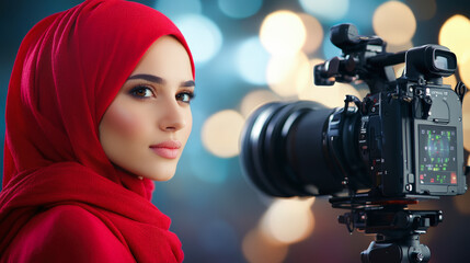 A woman in a red hijab is standing beside a professional camera, with a blurred background of twinkling lights, capturing her serene expression.