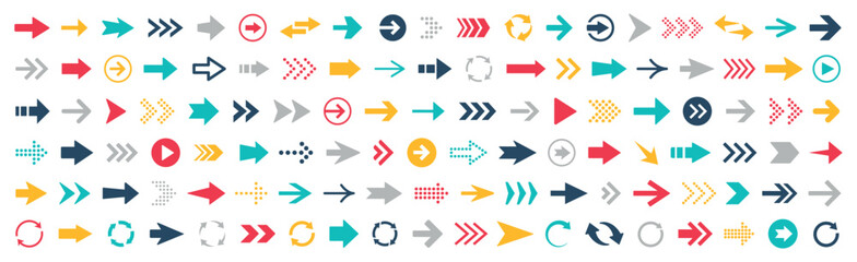 Poster - Arrow icons collection. Different colorful arrows, cursor silhouette, scroll, pointer - stock vector.