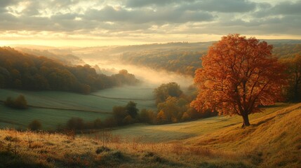 Poster - A tranquil autumn morning unfolds in a lush valley, with mist gently rising above the fields. A vibrant orange tree stands prominently, surrounded by rolling hills and softened light.