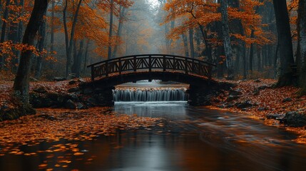 Poster - A tranquil river flows beneath a wooden bridge, surrounded by vibrant orange and yellow leaves in a peaceful forest during autumn.