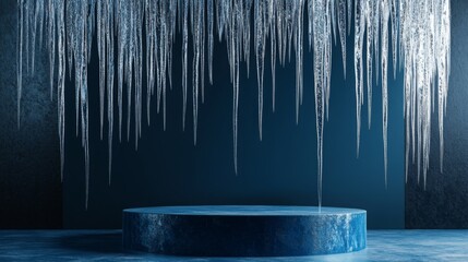 Aufkleber - A frozen, blue podium stands in a wintery setting. Icicles hang from the ceiling, creating a frosty backdrop.