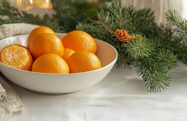 Poster - Oranges and pine branches arranged elegantly on a festive dining table during winter gathering