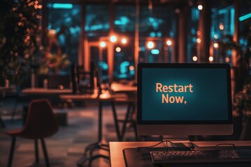 Poster - Dimly Lit Office with Computer Screen Displaying Restart Message