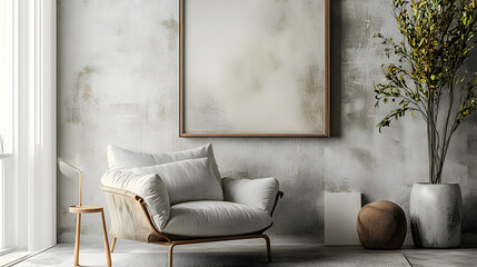 Poster - Boho, scandinavian interior design of modern living room with accent armchair and big frame on grey wall.