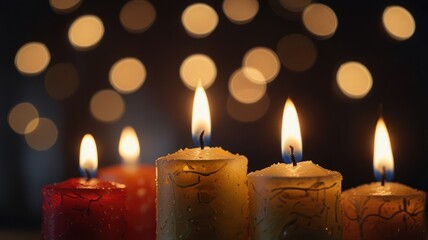 Four candles burning brightly with a blurred bokeh background of warm light.