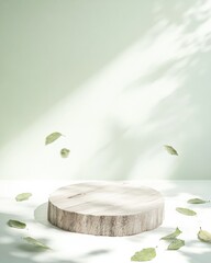 Poster - Minimalist Eco-Friendly Podium with Textured Wood and Floating Leaves on Gradient Background