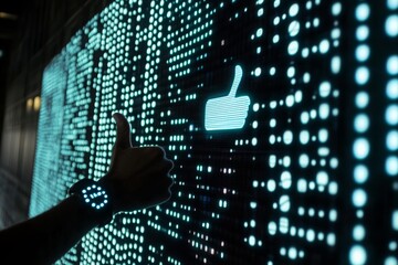 Poster - Digital Approval: Neon Thumbs Up in Futuristic Tech Display
