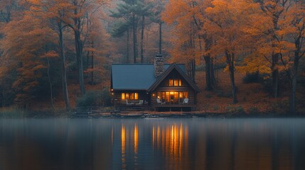 Poster - A charming wooden cabin sits peacefully by a tranquil lake. Surrounded by vibrant autumn leaves, the early morning fog enhances the cozy atmosphere as lights glow warmly from the windows.