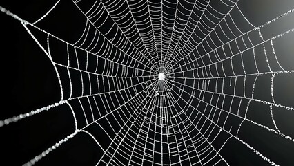 A close-up of a spider web with dew drops on it.