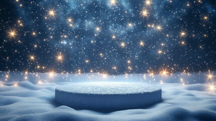 Aufkleber - The peaceful winter landscape showcases a snowy surface beneath a starry sky, where bright sparkling lights twinkle, enhancing the tranquil atmosphere around a circular platform in the foreground.