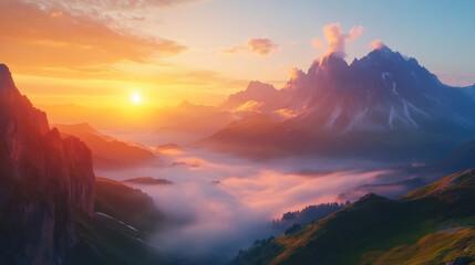 Wall Mural - breathtaking sunrise over the dolomites with mist rolling through the valley and glowing clouds illu