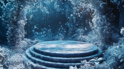 Aufkleber - A tranquil garden features a circular stone platform adorned with frost, encircled by vibrant blue plants and ethereal light. The atmosphere evokes a sense of calm and enchanting beauty at twilight.