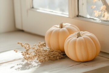 Sticker - Cozy autumn kitchen with sandstone pumpkins and rustic decor illuminated by soft natural light