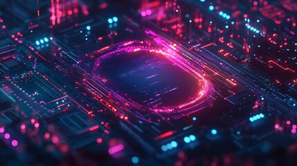 Poster - Light particles swirl as a holographic logo ascends from the dark, space for text
