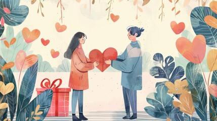 Wall Mural - A hand-drawn couple exchanging a heart on Valentine's Day surrounded by foliage and gifts in a cheerful atmosphere