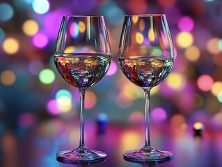 Two wine glasses reflecting colorful bokeh lights, creating a festive and vibrant atmosphere perfect for holiday celebrations and parties