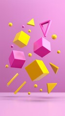 Colorful abstract geometric shapes in pink space create a vibrant and dynamic floating arrangement showcasing creativity and design