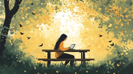 Poster - A woman with long dark hair sitting at a wooden picnic table in a park, working on her tablet as birds sing in the trees around her. The natural beauty and the soft dappled light create a calming,