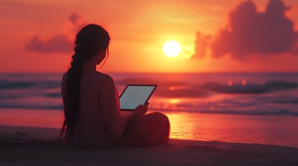 Poster - a woman with long dark hair in a braid, sitting on the sand at the edge of a beach, working on her t