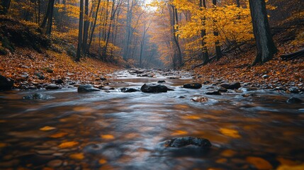 Poster - Clear water flows gently over smooth stones as colorful autumn leaves blanket the forest floor, illuminated by the soft light of dawn.