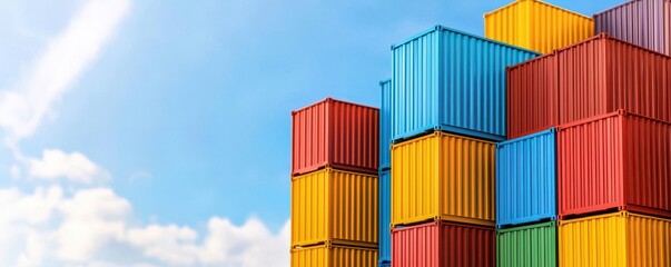 A vibrant stack of colorful shipping containers against a bright blue sky, showcasing an industrial scene filled with energy and structure.