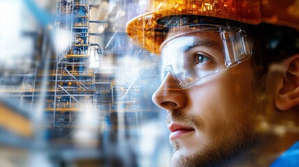 Close-up of an industrial worker looking at a factory with a double exposure effect.