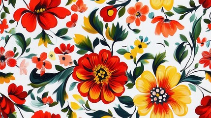 Wall Mural - Traditional Petrykivka floral art featuring vibrant flowers on a bright white background with intricate designs