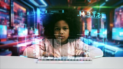 Clever schoolgirl programming on holographic display in a futuristic room, STEM