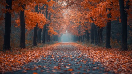 Poster - A tranquil pathway stretches through a forest, flanked by trees adorned with bright orange and red leaves. Early morning mist enhances the serene atmosphere, inviting a peaceful stroll.