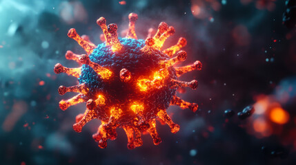 A detailed microscopic view of a virus showing intricate spikes and glowing elements, showcasing the complexity of viral structures