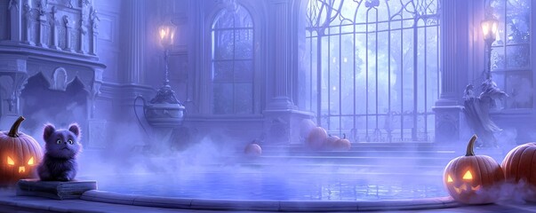 Haunting Halloween Scene with Ghostly Figures and Floating Pumpkins - Eerie Foggy Pool and Shadowy Villa Create Spooky Atmosphere