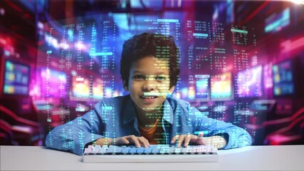 Excited schoolboy programming on holographic display, futuristic studying, STEM