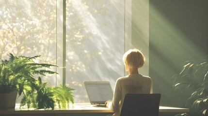 Poster - A woman with short blonde hair working on her laptop while seated in a modern, minimalist office. The natural light pouring in through the windows creates a clean, serene work atmosphere