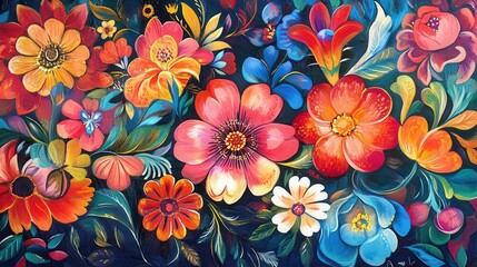 Wall Mural - Vibrant Petrykivka-style floral artwork featuring an array of colorful flowers against a dark background