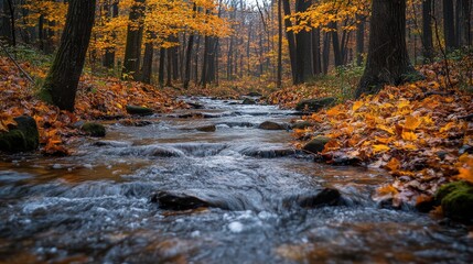Poster - The crystal-clear stream winds gently through a peaceful forest filled with colorful autumn foliage, creating a serene atmosphere in nature.