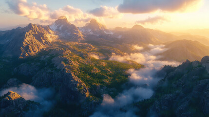 Wall Mural - golden hour illuminates a vast valley with dramatic clouds in the mountains during sunset