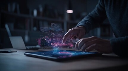 Hands Interacting with Futuristic Holographic Map
