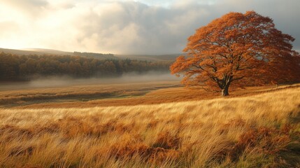 Poster - A solitary tree stands in an autumn landscape, its leaves glowing orange against the morning mist. Rolling hills and fields add to the serene beauty of the countryside.