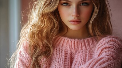 Sticker - Close-up Portrait of a Young Woman with Long Blonde Hair Wearing a Pink Sweater