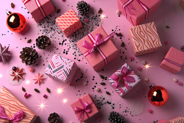 A pink and black Christmas gift box is surrounded by a pink and black background