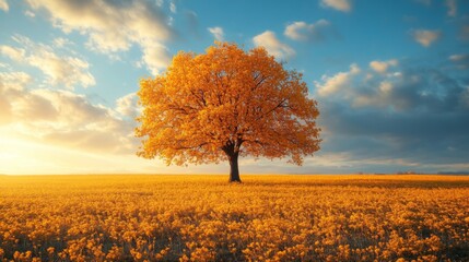 Poster - The vibrant orange leaves of a lone tree stand tall in a golden meadow filled with flowers as the sun sets, casting a warm glow across the landscape.