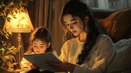 Aufkleber - A woman with long dark hair loosely braided, sitting in a cozy living room while reviewing documents on her tablet. Her young daughter plays nearby, and the warm, glowing light from a nearby lamp