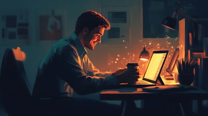 Poster - a man with short, neatly combed dark hair in business attire, sitting at his sleek home office desk.